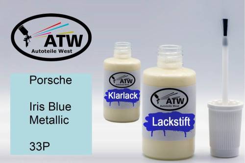 Porsche, Iris Blue Metallic, 33P: 20ml Lackstift + 20ml Klarlack - Set, von ATW Autoteile West.